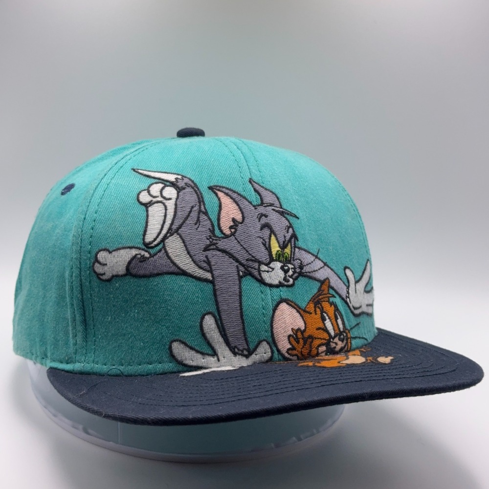 Vintage Tom and Jerry Snapback Hat Mens Adjustable Embroidered Teal Blue